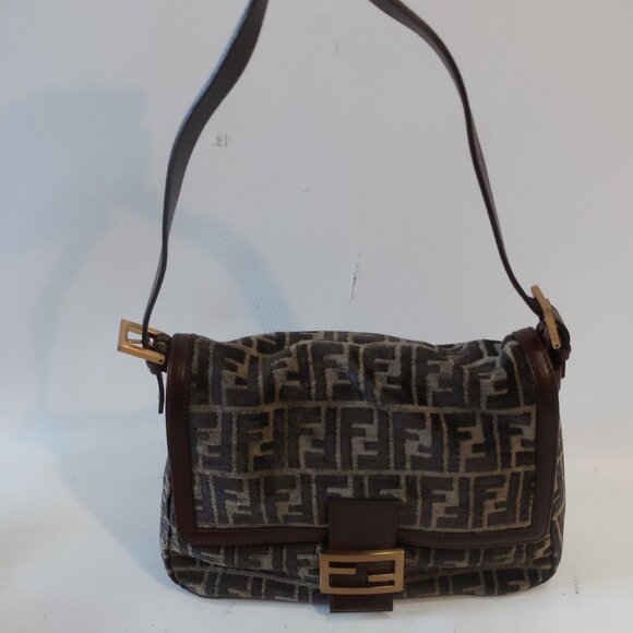 Womens Fendi Zucca Mini Mama Baguette Velour Velvet Leather Shoulder Handbag - Picture 1 of 16